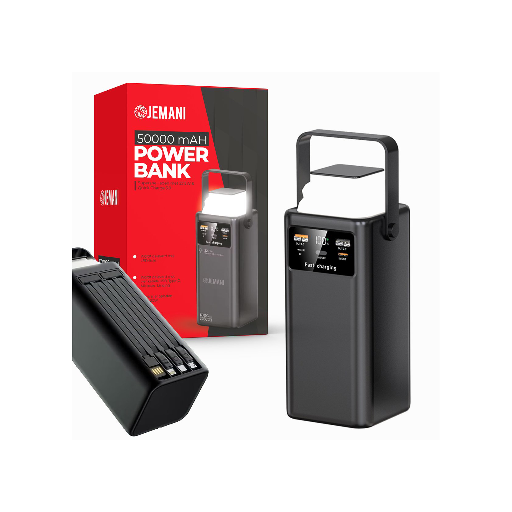 Jemani Extra Krachtige Powerbank 50000 mAH - Powerbanks 22.5W Snellader & 3.0 Quick charger - Geschikt voor alle telefoons & Tablets - Inclusief USB-C & USB-A Oplader Snellaadkabel - LED indicatie - Zaklamp - Noodpakket - Fastcharge - Powerstation
