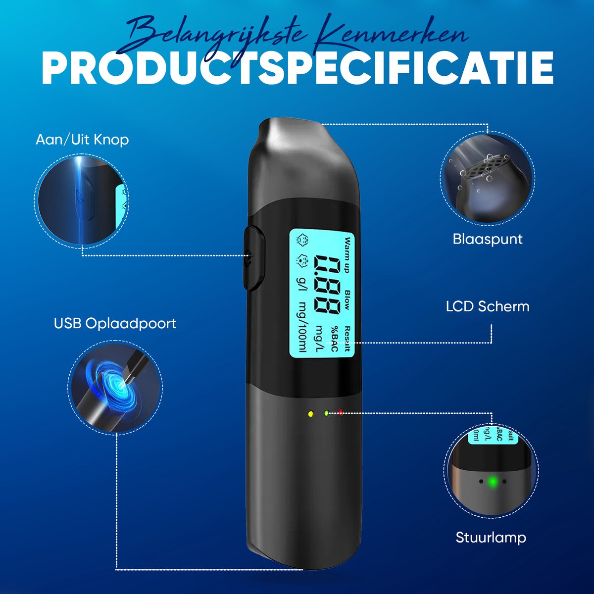 Jemani Digitale Alcolholtester - Geen mondstuk nodig - USB oplaadbaar - Geschikt voor Frankrijk - Blaastest - Alcohol meter - Alcoholtesters - alcoholtester auto - ademtester - alcohol detector