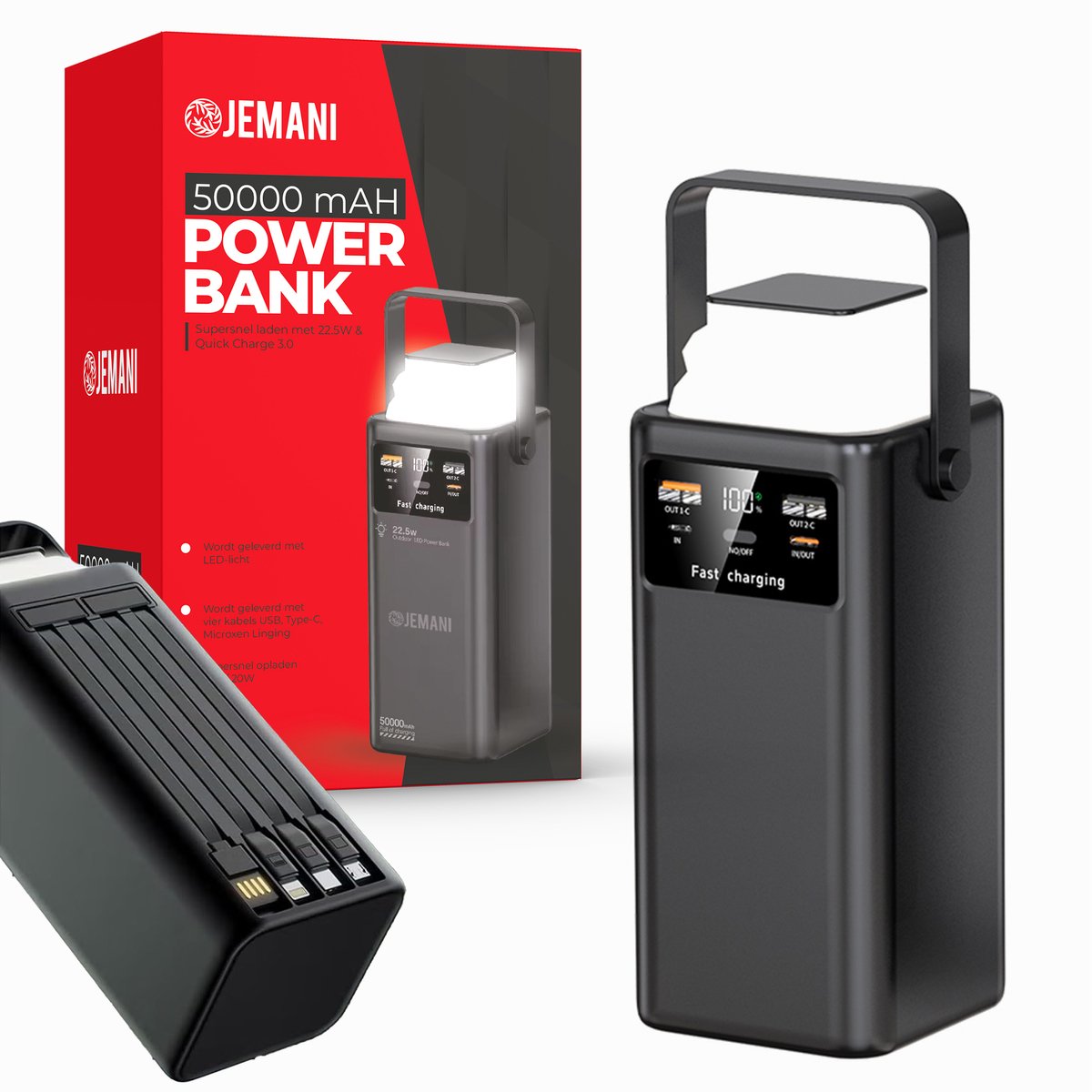 Jemani Extra Krachtige Powerbank 50000 mAH - Powerbanks 22.5W Snellader & 3.0 Quick charger - Geschikt voor alle telefoons & Tablets - Inclusief USB-C & USB-A Oplader Snellaadkabel - LED indicatie - Zaklamp - Noodpakket - Fastcharge - Powerstation
