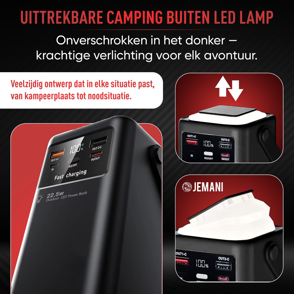 Jemani Extra Krachtige Powerbank 50000 mAH - Powerbanks 22.5W Snellader & 3.0 Quick charger - Geschikt voor alle telefoons & Tablets - Inclusief USB-C & USB-A Oplader Snellaadkabel - LED indicatie - Zaklamp - Noodpakket - Fastcharge - Powerstation