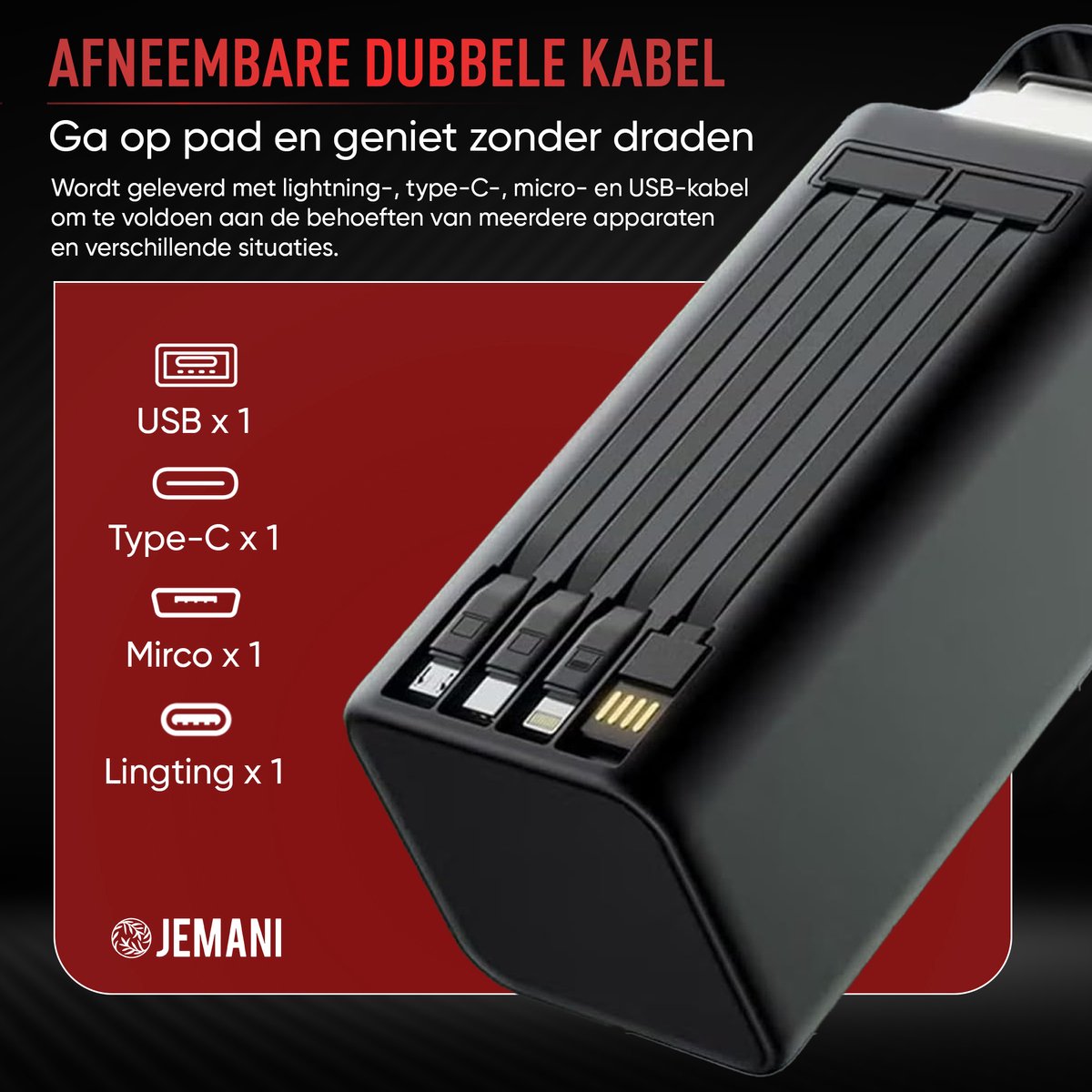 Jemani Extra Krachtige Powerbank 50000 mAH - Powerbanks 22.5W Snellader & 3.0 Quick charger - Geschikt voor alle telefoons & Tablets - Inclusief USB-C & USB-A Oplader Snellaadkabel - LED indicatie - Zaklamp - Noodpakket - Fastcharge - Powerstation