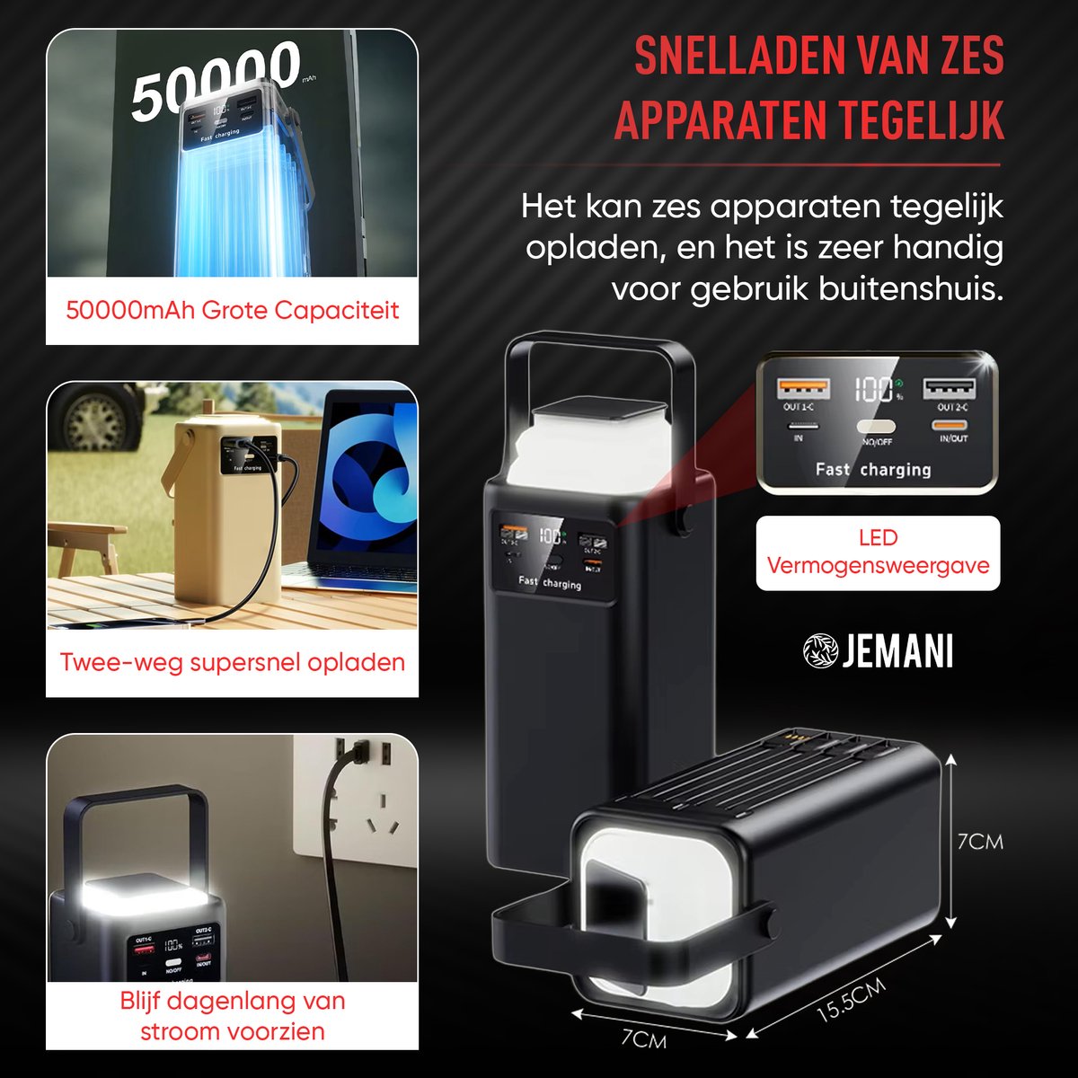 Jemani Extra Krachtige Powerbank 50000 mAH - Powerbanks 22.5W Snellader & 3.0 Quick charger - Geschikt voor alle telefoons & Tablets - Inclusief USB-C & USB-A Oplader Snellaadkabel - LED indicatie - Zaklamp - Noodpakket - Fastcharge - Powerstation