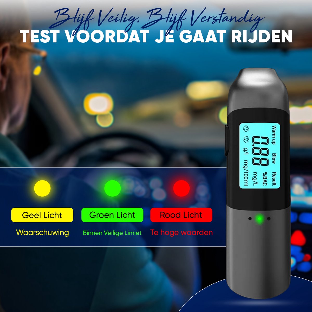 Jemani Digitale Alcolholtester - Geen mondstuk nodig - USB oplaadbaar - Geschikt voor Frankrijk - Blaastest - Alcohol meter - Alcoholtesters - alcoholtester auto - ademtester - alcohol detector
