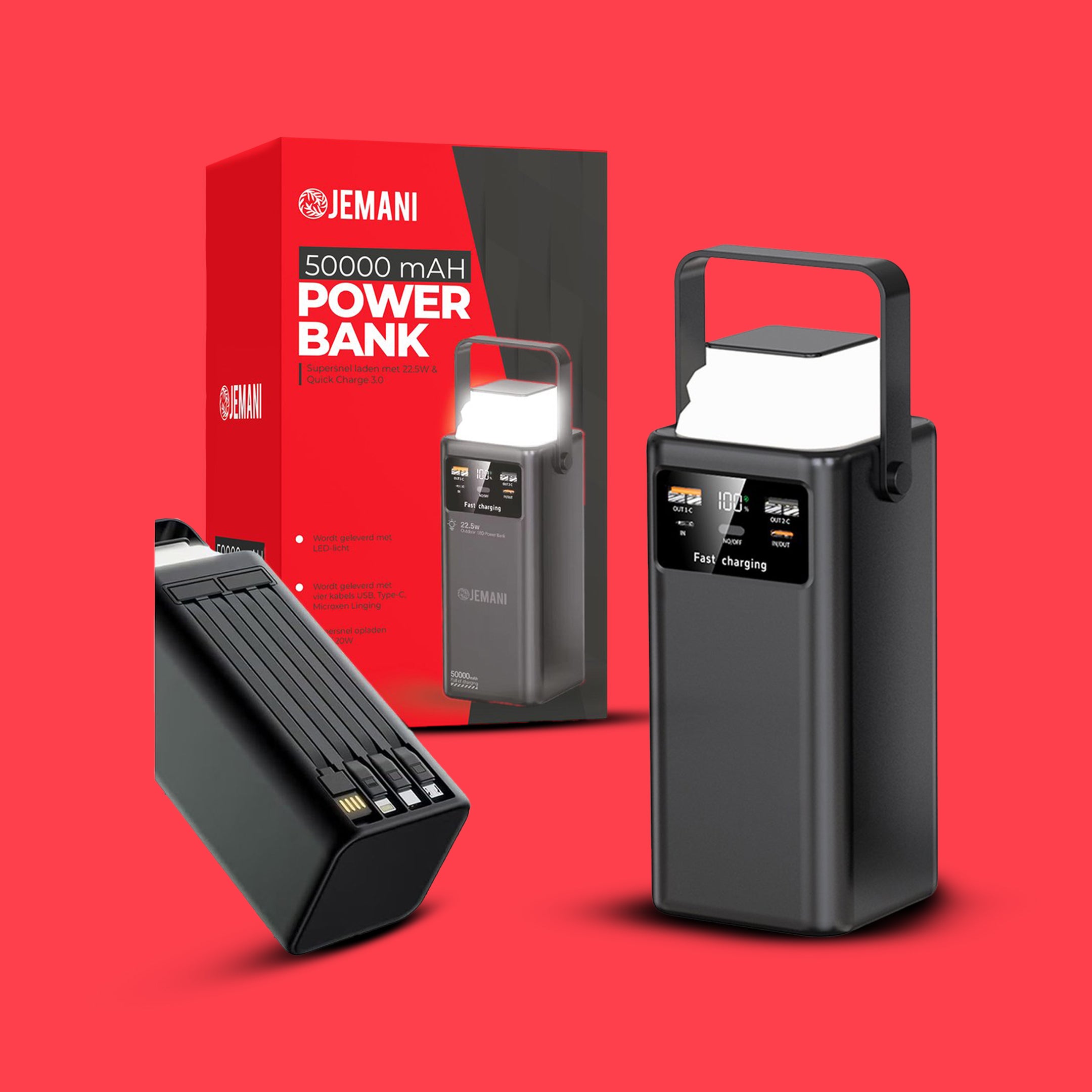 Jemani Extra Krachtige Powerbank 50000 mAH - Powerbanks 22.5W Snellader & 3.0 Quick charger - Geschikt voor alle telefoons & Tablets - Inclusief USB-C & USB-A Oplader Snellaadkabel - LED indicatie - Zaklamp - Noodpakket - Fastcharge - Powerstation